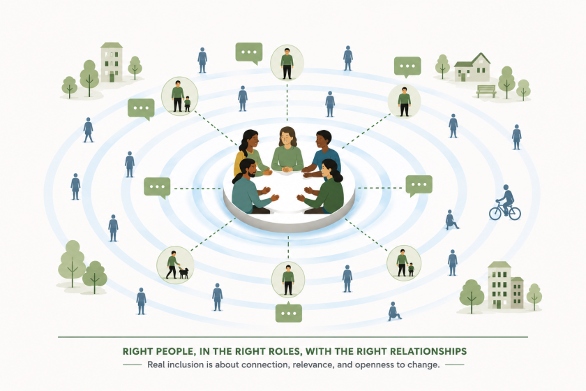 Illustration depicting a network of diverse individuals connected through concentric circles, emphasizing real inclusion by linking people in various roles and relationships. Central group of four people at a table is connected to others with speech bubbles, surrounded by icons of homes, trees, and buildings