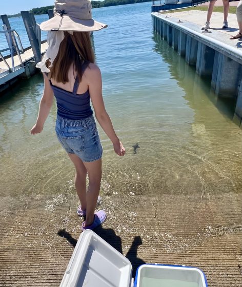 Photo of a young girl standing at water's edge near a dock, wearing a sun hat, tank top, and denim shorts. Clear water reveals a small fish swimming nearby, with a cooler in foreground and other people visible on dock in background.