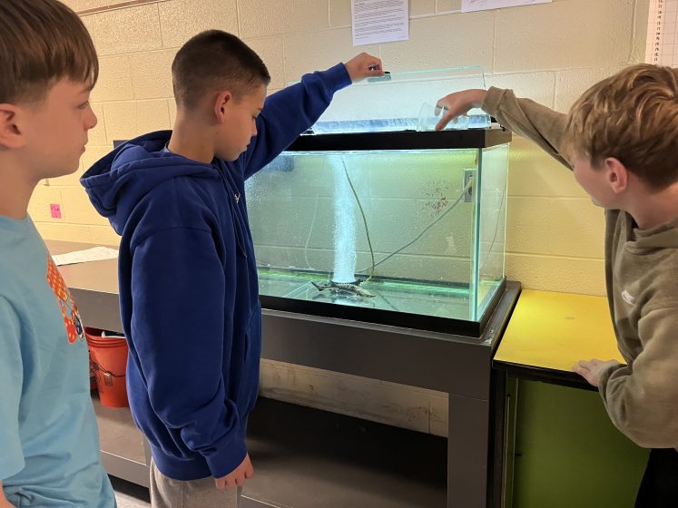 Photo of three boys conducting a science experiment with a water tank creating a visible water vortex. The tank is placed on a black stand with a yellow and green cabinet nearby, and the boys are actively engaged in observing and interacting with the tank