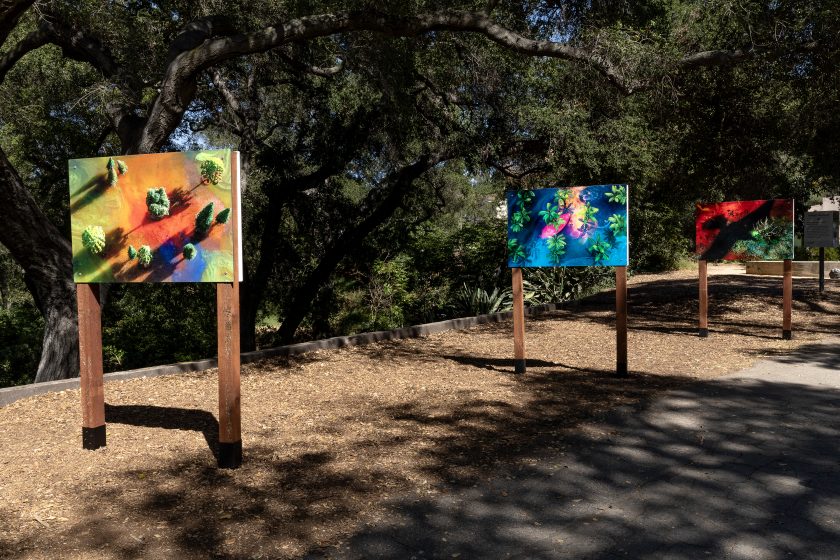 Photo of an outdoor art display featuring three colorful paintings mounted on wooden stands along a dirt path surrounded by trees. Each painting showcases vibrant abstract designs with different dominant colors: orange and green, blue and pink, and red and black, creating a visually engaging contrast against natural surroundings.
