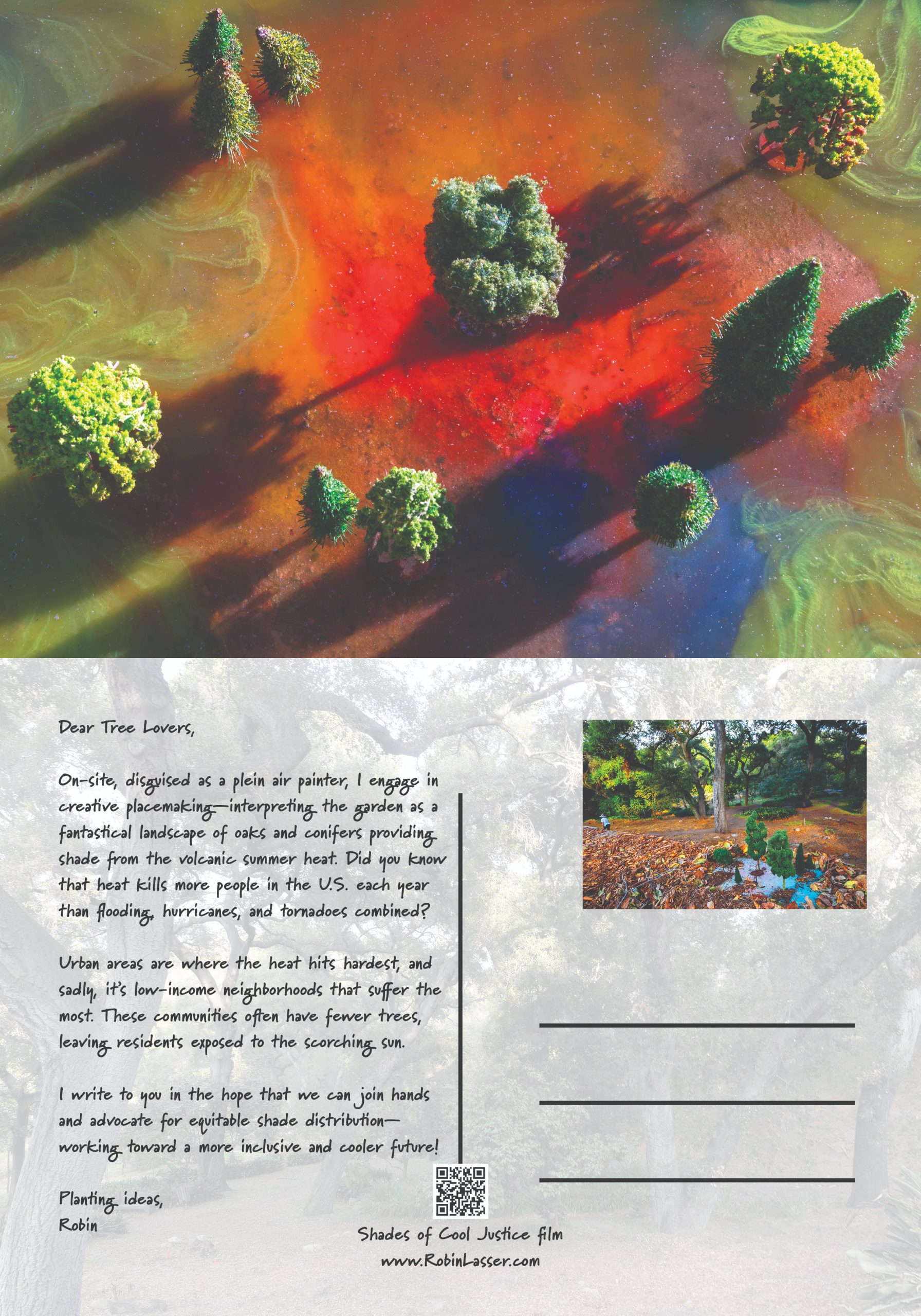 Photo showing a colorful, abstract aerial view of trees casting long shadows on a vibrant, multicolored ground with red, green, and blue hues. Below, a postcard-style letter discusses urban heat islands, tree planting, and community efforts for equitable shade distribution, featuring handwritten text, a small map, and a QR code.