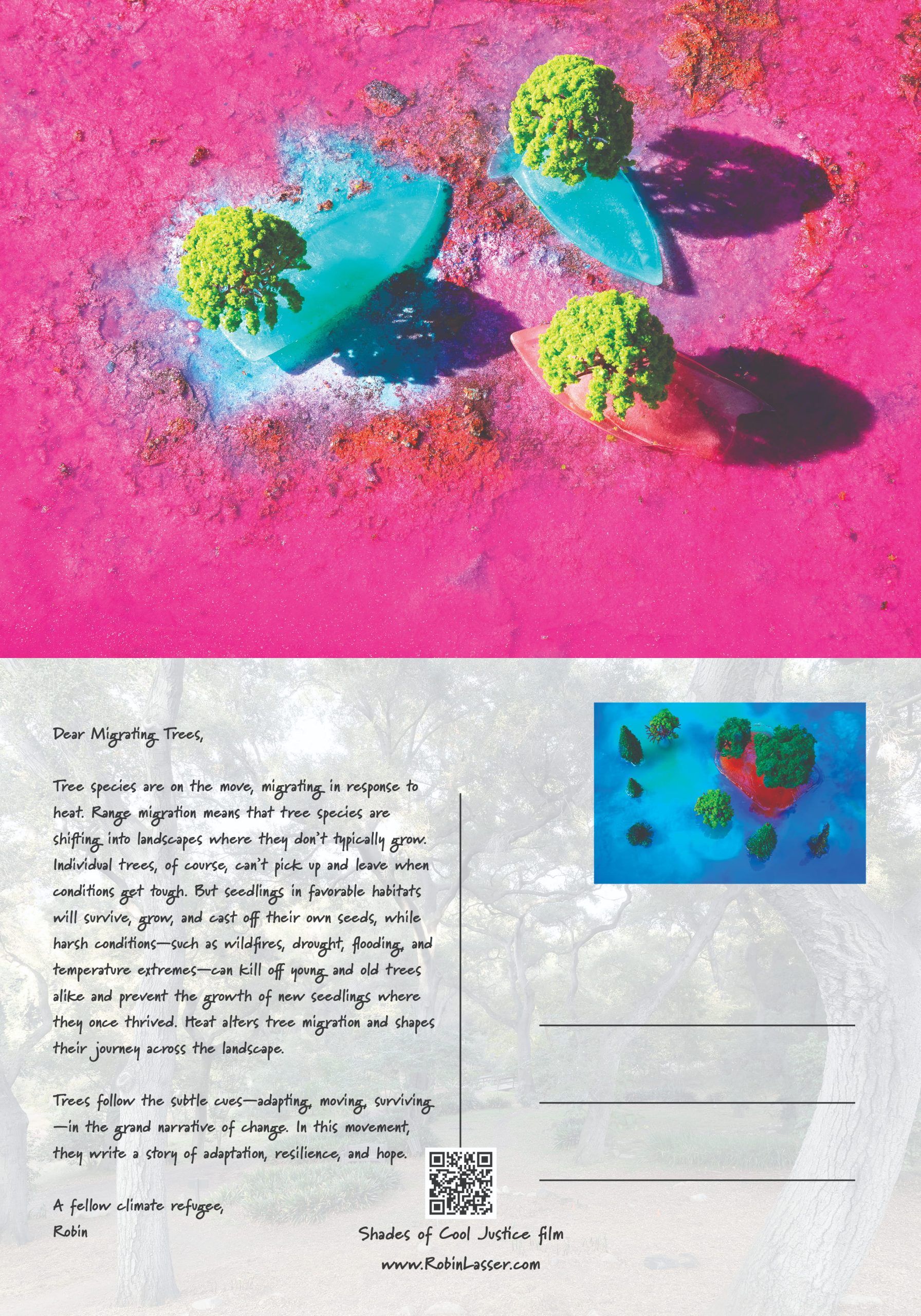 Photo of three small trees placed on colorful, translucent ice-like shapes against a vibrant pink textured background, creating a surreal and artistic composition. Accompanied by a handwritten note discussing tree species' migration and adaptation to climate change, emphasizing survival, resilience, and hope.