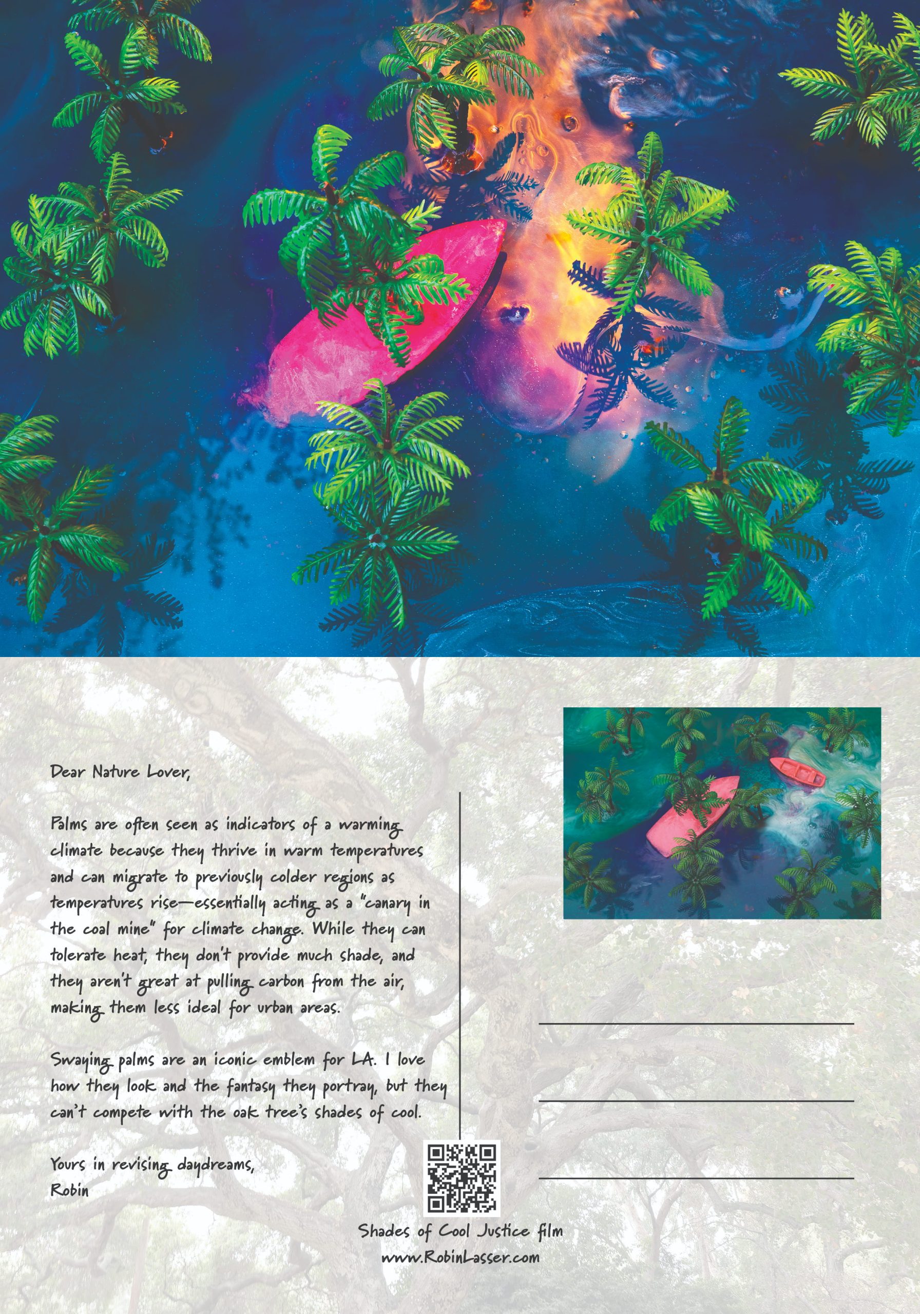 Photo and postcard design featuring an aerial view of a pink kayak navigating through a cluster of green palm trees casting shadows on blue water. Accompanied by a handwritten-style letter discussing climate change impacts on palm trees, with a small inset photo of the kayak scene, a QR code, and website link at the bottom.