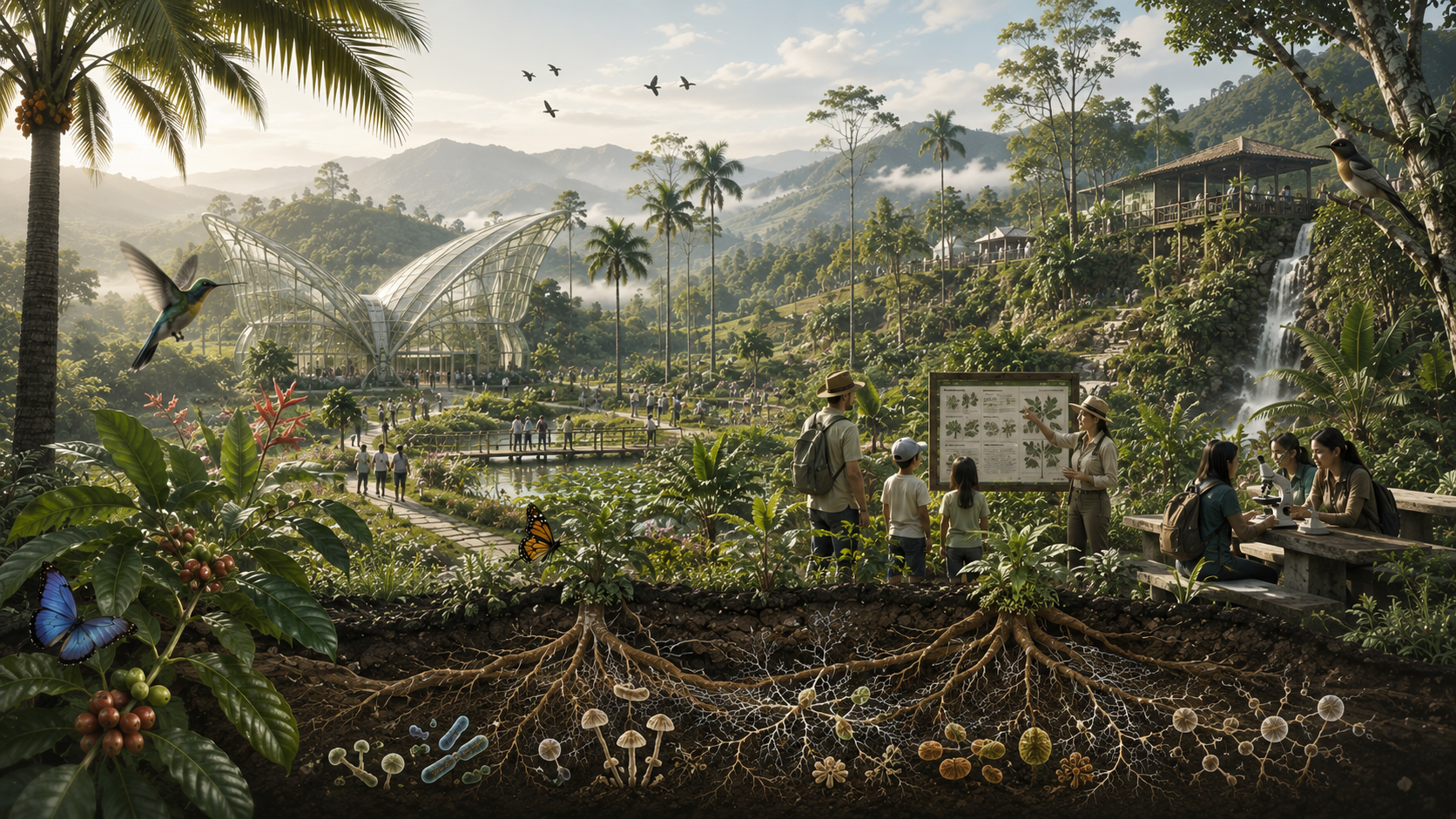 A detailed digital illustration of a tropical botanical garden showcasing diverse plant life above and below ground, with visitors observing informational displays and interacting with the environment. The scene highlights interconnected root systems, various fungi, and soil organisms beneath lush vegetation, framed by palm trees, a large glass greenhouse, and mountainous background under a partly cloudy sky.