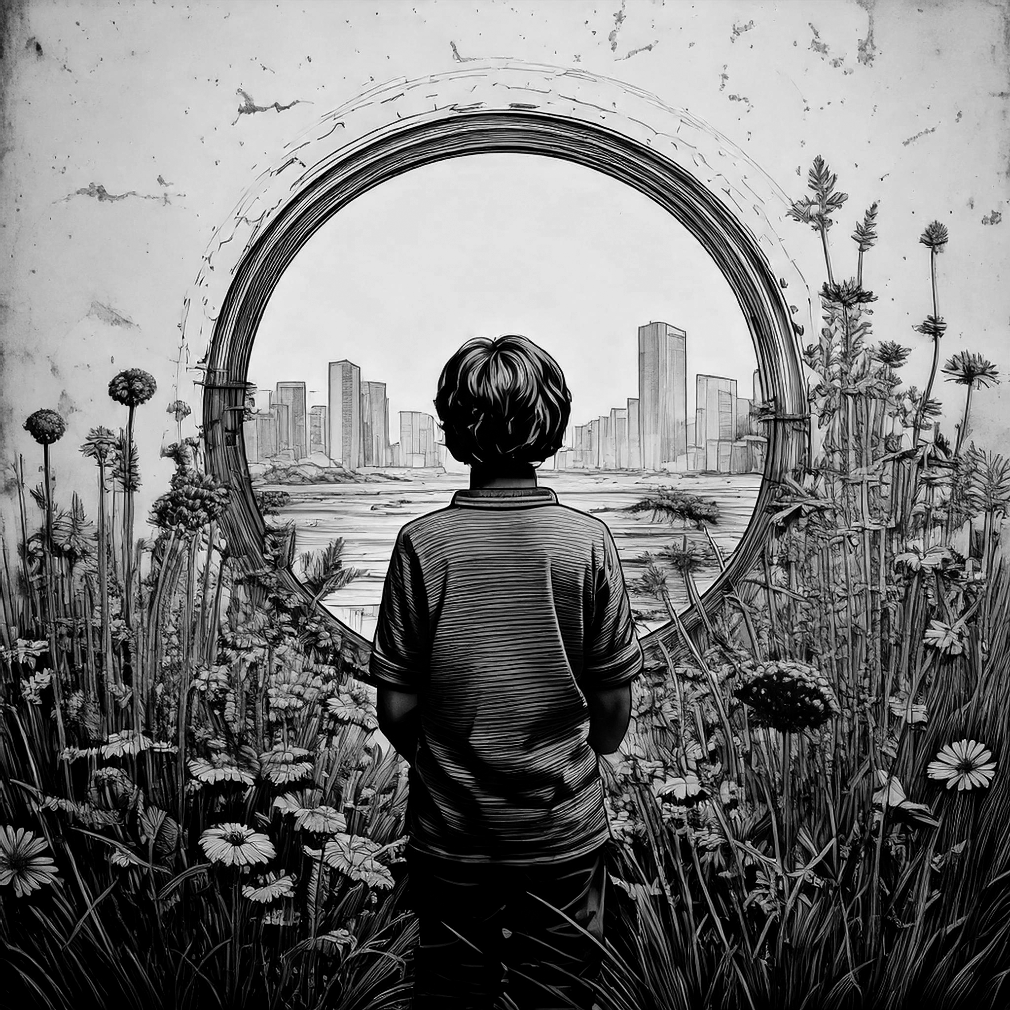 A black and white illustration depicts a child standing amidst tall wildflowers, looking through a large circular portal revealing a distant city skyline.