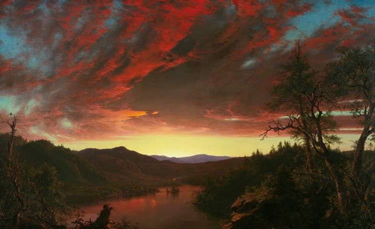 Twilight in the Wilderness is a spectacular view of a blazing sunset over a distant purple mountain. Cloaked amid quickening nightfall, its foreground features a dark crimson lake flanked by masses of dramatically twisted and attenuated trees.