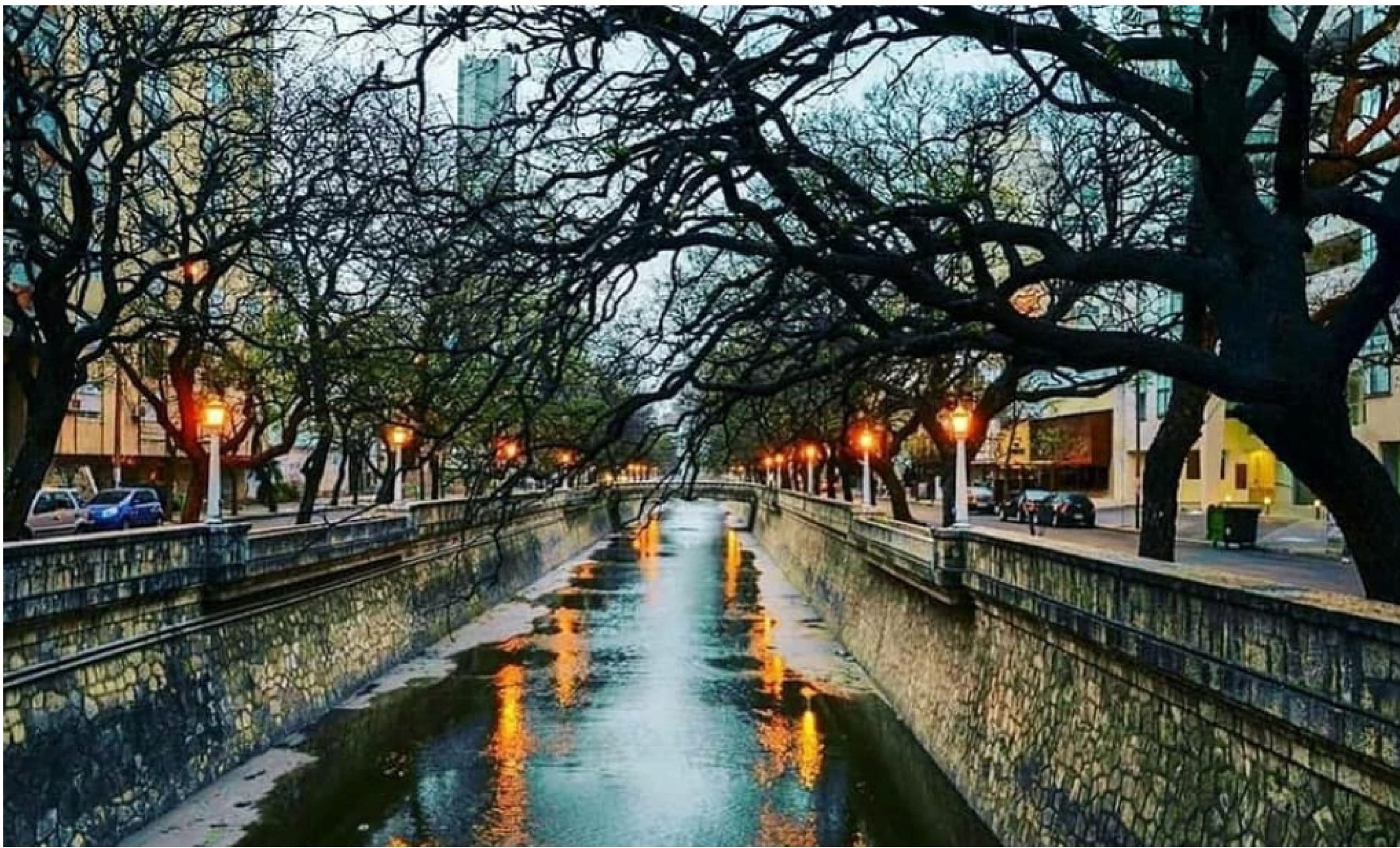 Photo showing a rain-soaked urban canal lined with stone walls, mature leafless trees, buildings, and glowing street lamps. Reflections of orange lights ripple across water, creating a tranquil evening scene with walkways and bridges extending into distance.