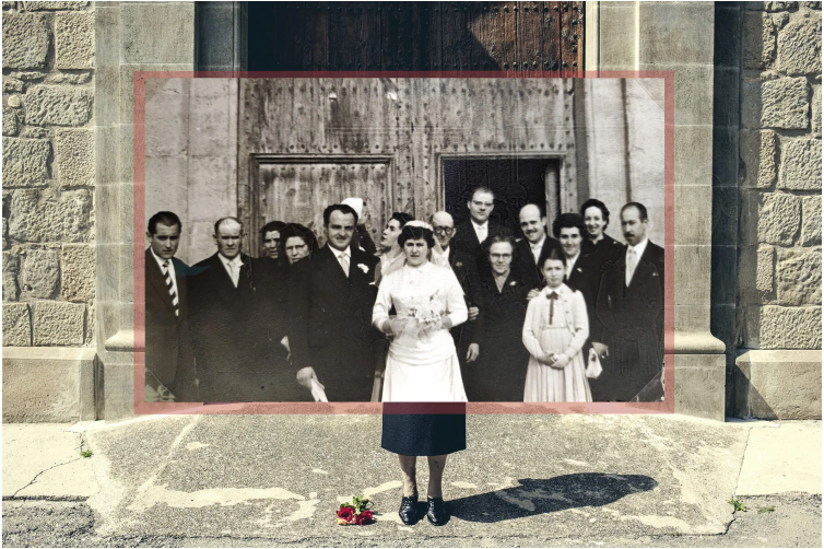 Photo composite juxtaposing a present-day woman outside a stone building with a historic wedding group overlaid behind her. Red rectangular outline frames archival figures, while foreground woman holds flowers beneath a doorway