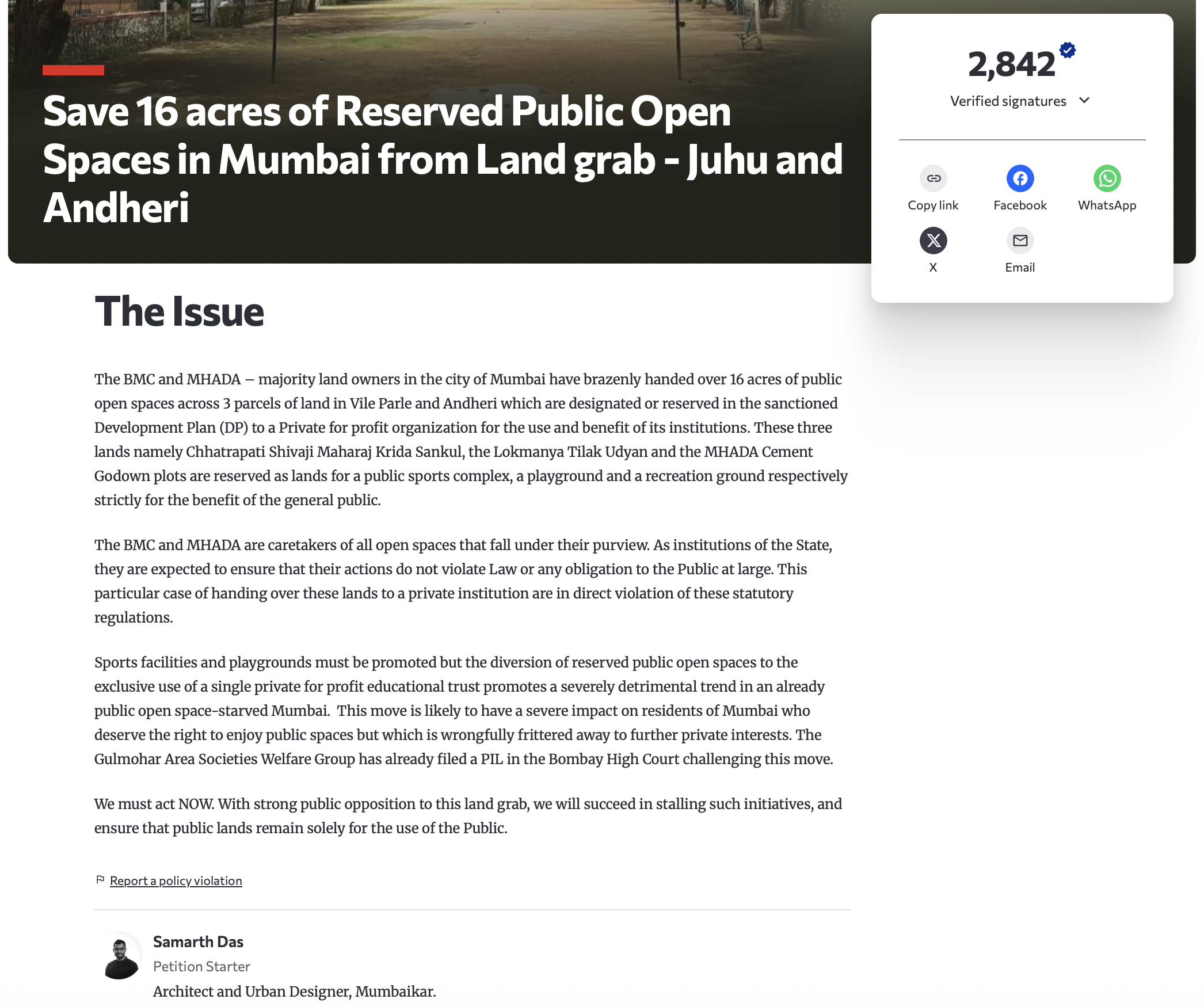 Online petition webpage screenshot titled “No Parking Lots under Parks in Mumbai – Pushpa Narse and Patwardhan Parks,” with dark park banner and 8,019 verified signatures. “The Issue” section opposes BMC plans for underground parking beneath public parks in Juhu and Bandra, citing green-space protection and city regulations.