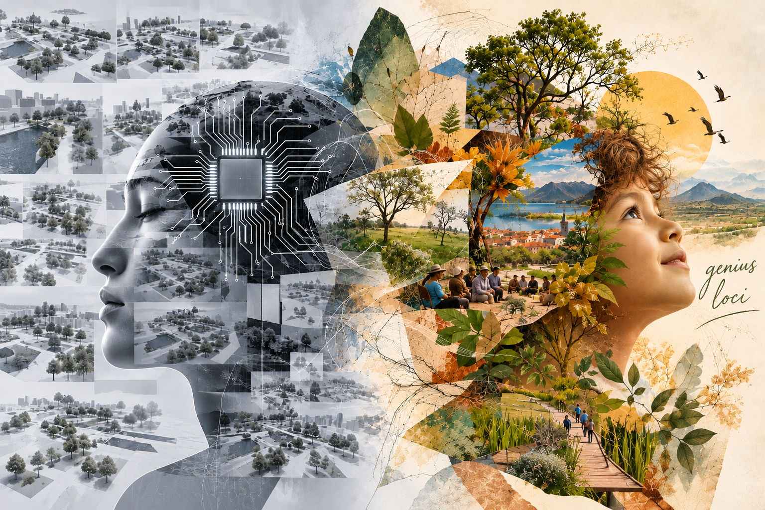 An AI generated collage contrasts a grayscale human profile with circuit-board brain, architectural studies, and urban planning scenes against a colorful profile surrounded by trees, landscapes, wildlife, and community life. Composition explores technology, design, nature, and place-based identity, with “genius loci” lettering, layered botanical forms, and warm-versus-cool color contrast.