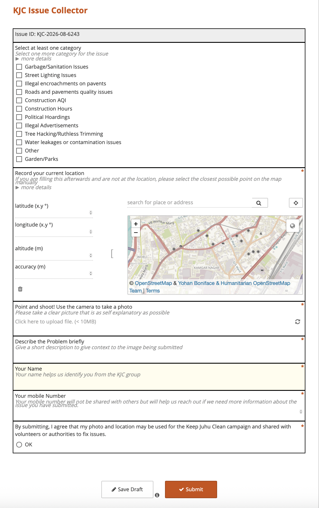Screenshot of KJC Issue Collector online form for reporting community issues, with category checkboxes for garbage, street lighting, roads, construction, pollution, and other concerns. Location fields, OpenStreetMap map, problem description, name and mobile-number fields, consent checkbox, plus Save Draft and Submit controls structure form.