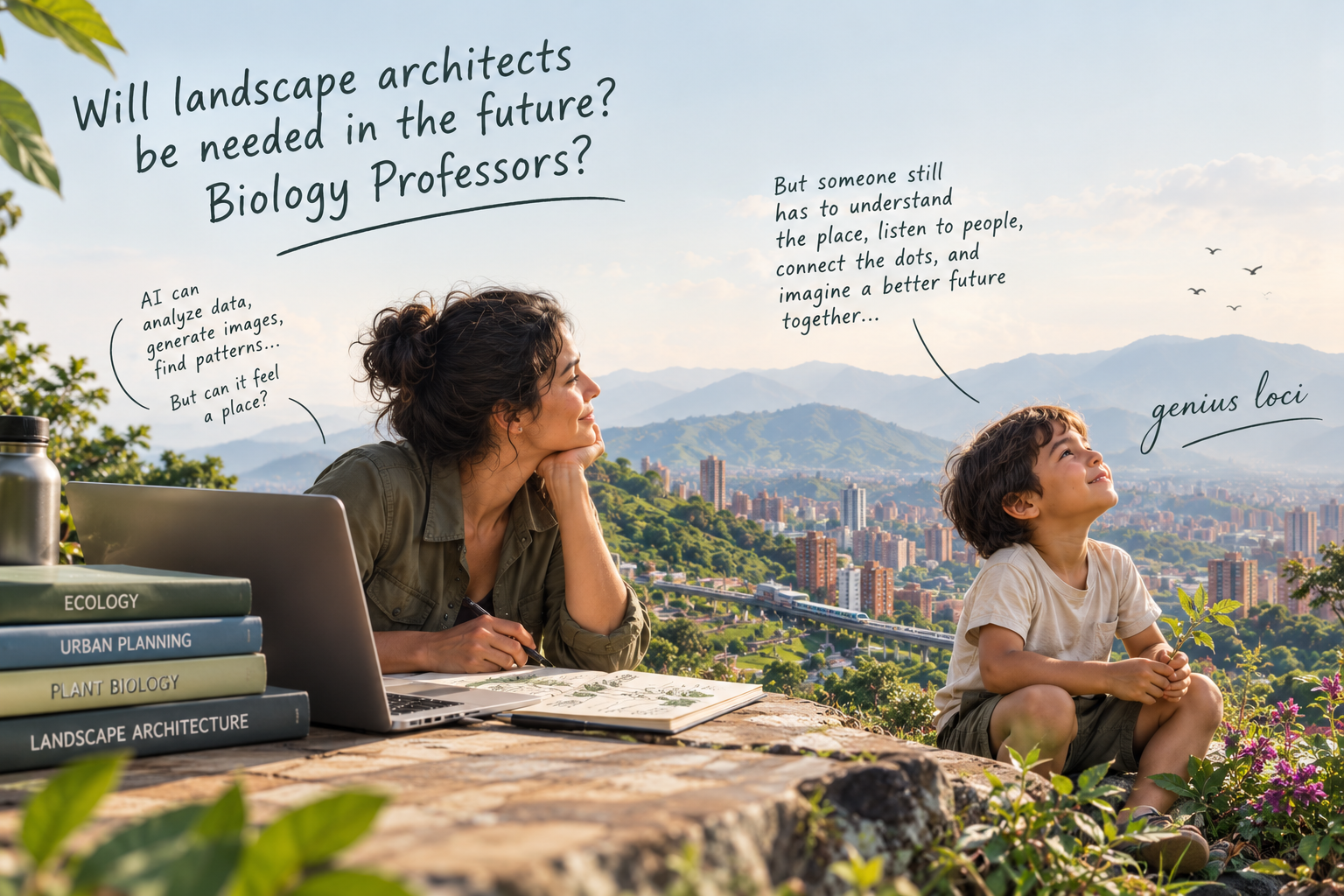 An AI generated image of handwritten captions explores future demand for landscape architects and biology professors, pairing a woman using a laptop with a child overlooking a green city and mountains. Book spines read “Ecology,” “Urban Planning,” “Plant Biology,” and “Landscape Architecture,” while notes reference AI-generated data, patterns, human listening, and “genius loci.”