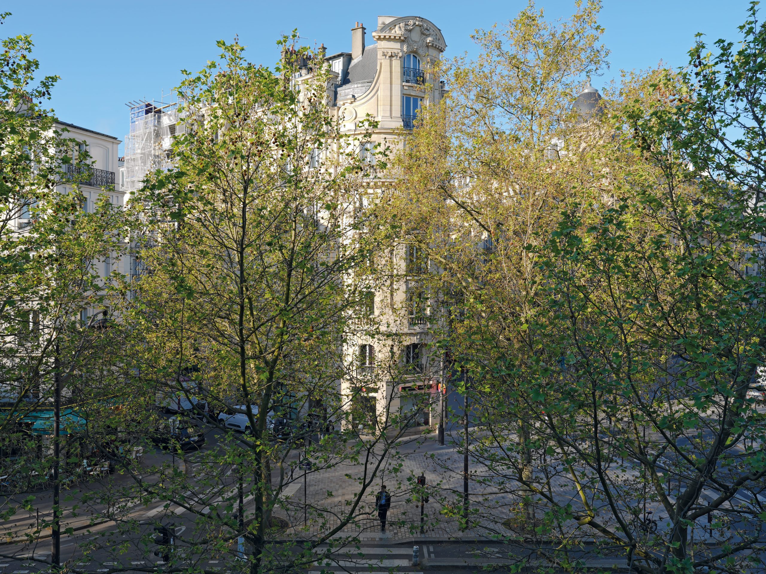 Photo showing ornate historic city architecture viewed through leafy trees along a quiet street. Elaborate stone façade, mansard roof, tall windows, parked cars, sidewalks, and pedestrians create an urban streetscape during autumn.