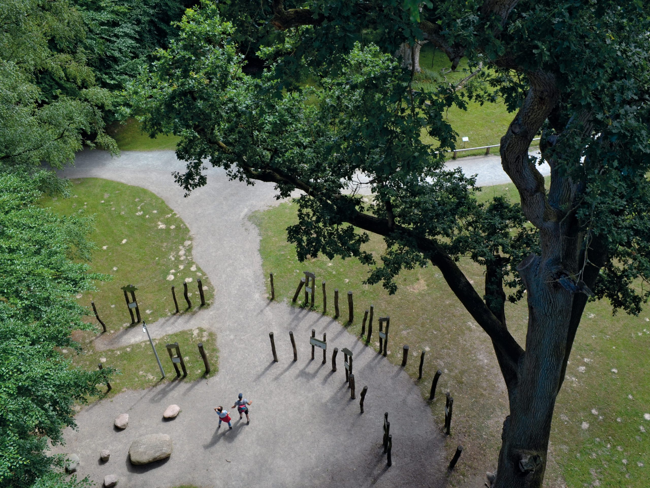 Aerial photo of a wooded outdoor park featuring a curved gravel walking path and an open recreational area. Dark wooden posts form several winding rows, scattered boulders, mature trees, and grass surround two visitors walking the path.